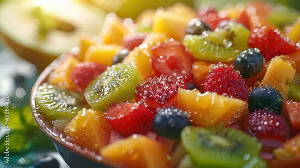 Wall mural vibrant fruit salad featuring kiwi, raspberry, and pineapple in a fresh bowl, perfect for a healthy 