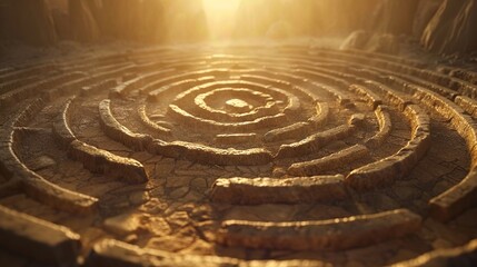 A sacred labyrinth carved into the earth, with winding paths leading to a central point and the air filled with the sound of chanting and prayer, evoking a sense of spiritual journey and discovery.