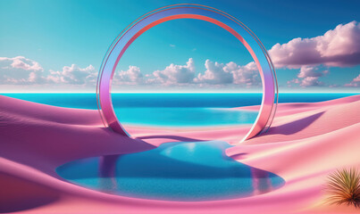 Fototapeta premium A large, iridescent ring stands in a pink sand beach with a view of the ocean and fluffy clouds in the sky