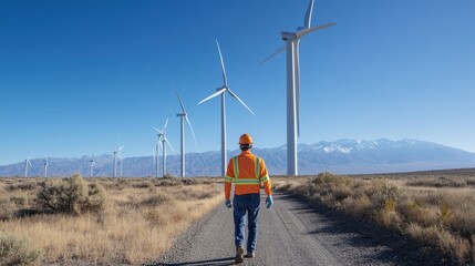 Obraz premium Engineer inspecting cutting-edge wind turbines on a vast, wind-swept field with a bright, clear sky and mountains in the background