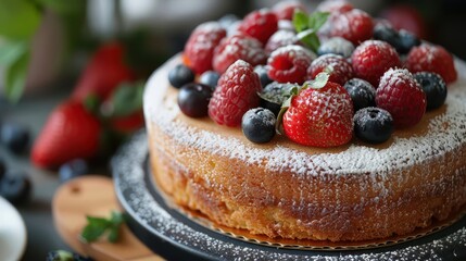Delicious cake topped with fresh berries and dusted with powdered sugar, perfect for celebrations and gatherings.