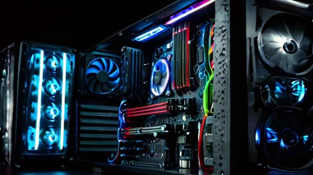 Open computer case with colorful RGB lighting and various components.