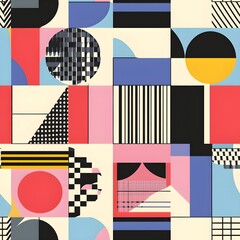Geometric trendy pattern, Bauhaus style. Modern colorful background with simple elements. Retro texture with basic geometric shapes. Print design, minimalist poster cover. Vector illustration