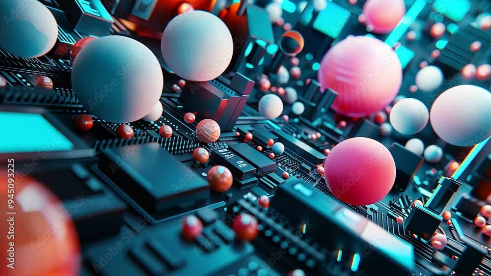 Aufkleber abstract 3d of colorful spheres floating over a futuristic circuit board.