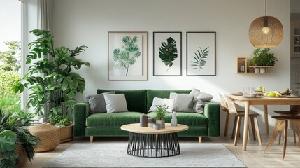 A living room with a green couch, a coffee table, and a dining table