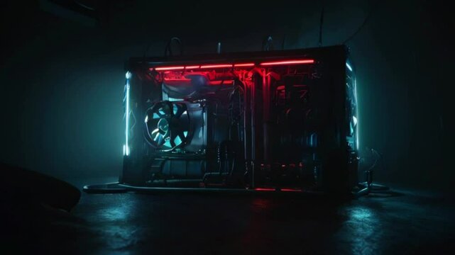 A computer case with red and blue LED lights illuminates a dark room.