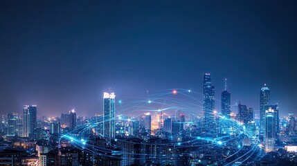 Fototapeta premium Digital network connection in cityscape at night, blue-toned background