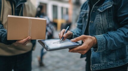 customer signing for a package delivery on a digital device
