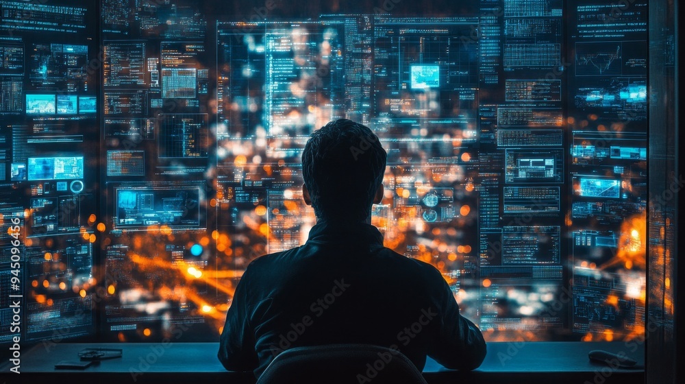 Poster a man is sitting in front of a computer monitor with a city view
