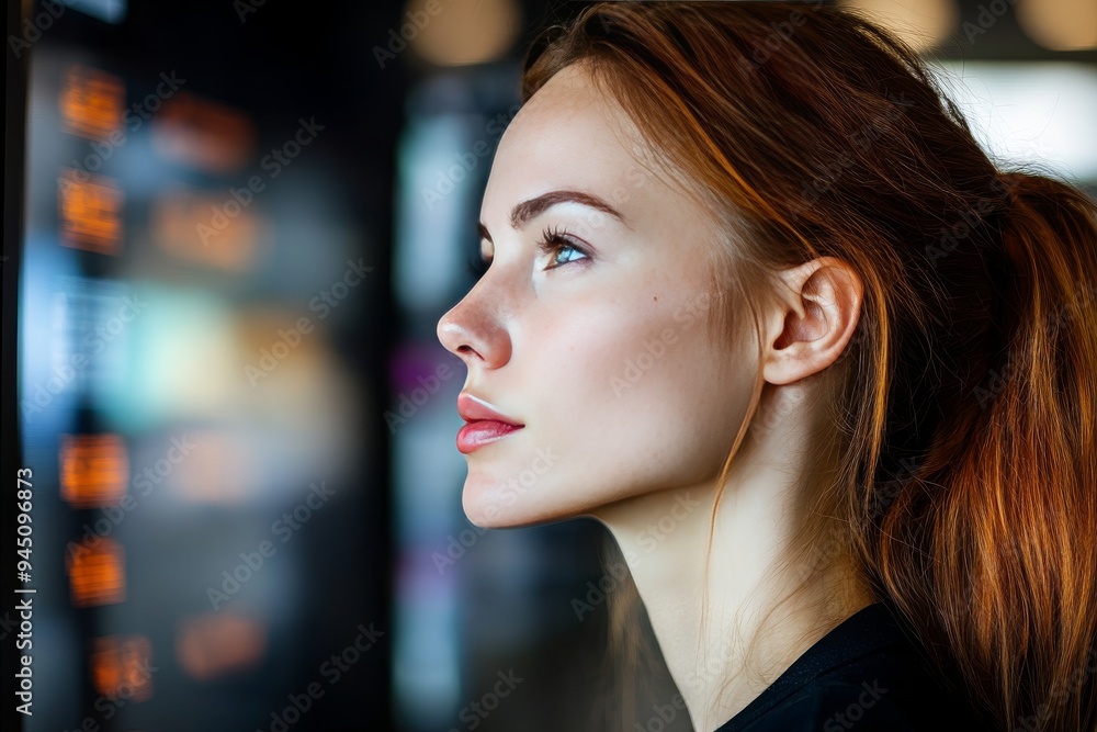 Poster profile of a focused young woman in a modern workspace reflecting concentration and determination wi