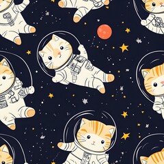 Seamless pattern with cute scottish fold cats astronauts on starry space background