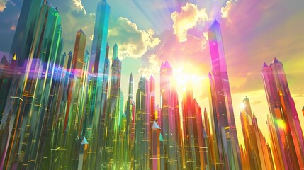 A surreal cityscape where buildings are made of crystal and light, refracting rainbow colors across the skyline in a dazzling display.