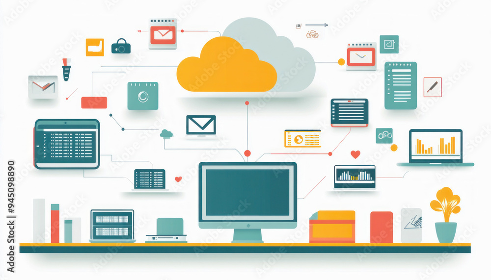 Poster cloud computing connecting devices and data on modern workplace desk