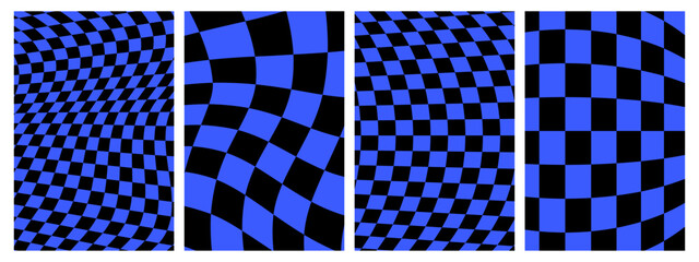 Groovy hippie 70s backgrounds set. Checkerboard, chessboard, mesh, waves, swirl, twirl pattern. Twisted and distorted vector texture in trendy retro psychedelic style.