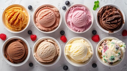 Colorful assortment of ice cream scoops in bowls, featuring flavors like chocolate, vanilla, and strawberry, garnished with fruit.