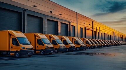 fleet of delivery vehicles lined up outside a warehouse, ready for dispatch