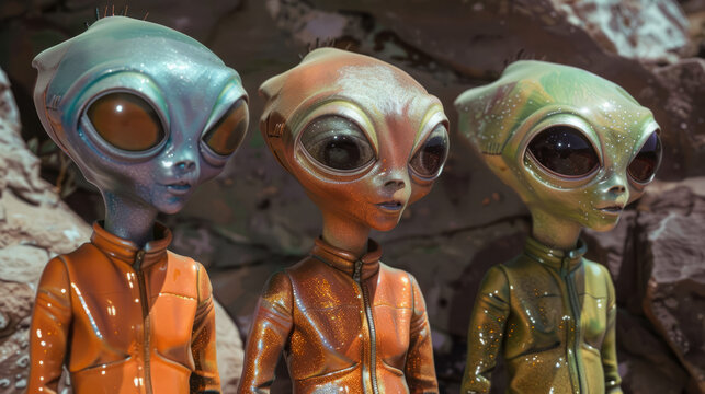 Retro 1960s 1950s style vintage b-movie three reptilian space aliens in a row alien trio little green men big eyes nostalgic colored tv show style villain campy fun sci-fi background science fiction