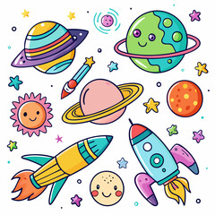 planets and stars rocket and UFO doodle vector illustration