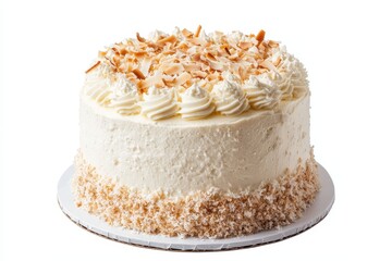 A round cake topped with whipped cream and coconut flakes, perfect for celebrations.