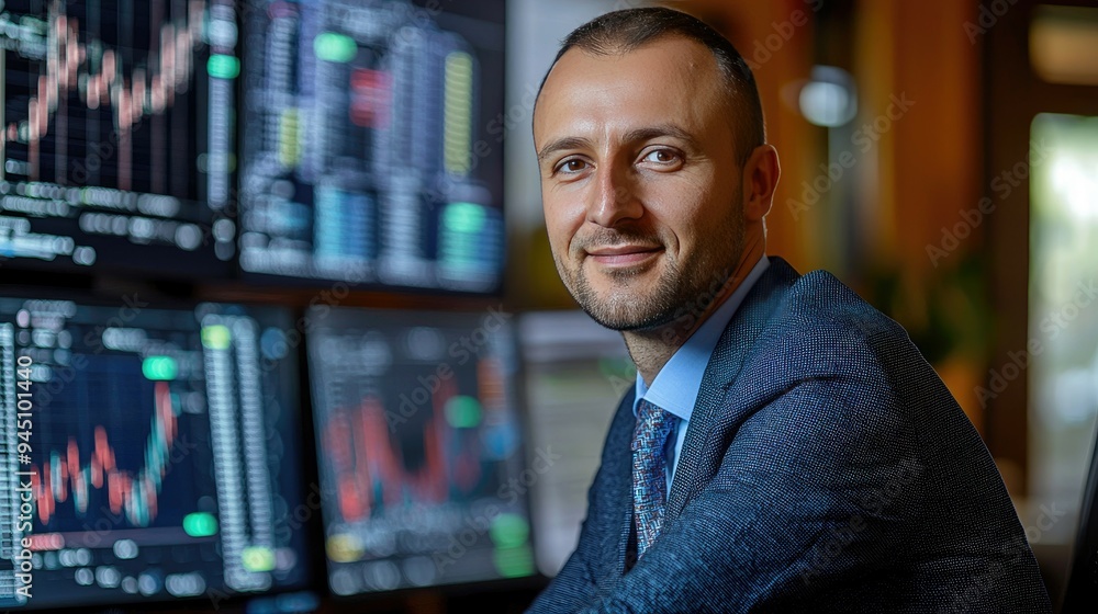 Poster stock broker analyzing financial data on multiple monitors