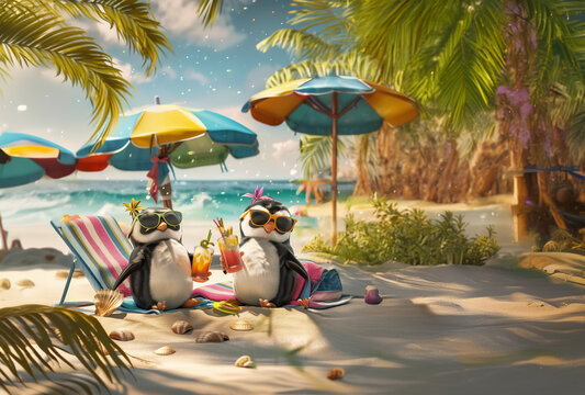 Deux pingouins relax sur une plage tropicale sous des parasols color&eacute;s, sirotant des boissons exotiques, sc&egrave;ne amusante et estivale sous un ciel ensoleill&eacute; 