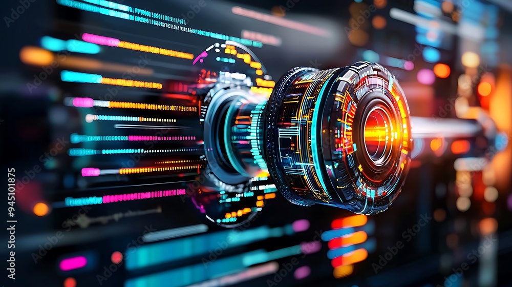 Poster futuristic technology comes to life with neon lights and intricate data patterns.