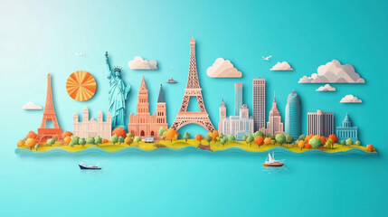 Fototapeta premium World famous landmarks forming cityscape on blue background