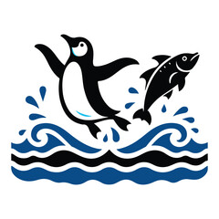 Cute Cartoon Penguin Splashing in Water Fish, Fun and Playful Animal Illustration for Kids and Winter Themes