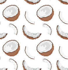 Pixel seamless pattern of coconut halves, quarters and slices in vector. Suitable for background, textile, tropical, gaming and retro designs.