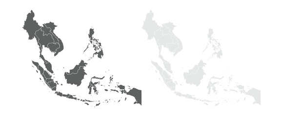 Grey Southeast Asia map highlighting continents with a clean, uncluttered design. set of maps.
