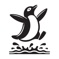 Black and White Cartoon Penguin Illustration Splashing in Water, Playful and Fun Animal Design