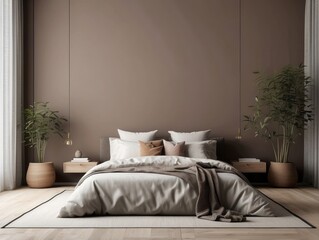 Minimalist Bedroom with Brown Walls, White Bedding, and Plants