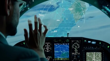A pilot expertly maneuvers a flight simulator, engaging with a detailed landscape map and advanced cockpit instruments during dusk
