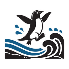 Cute Cartoon Penguin Splashing in Water, Fun and Playful Animal Illustration for Kids and Winter Themes