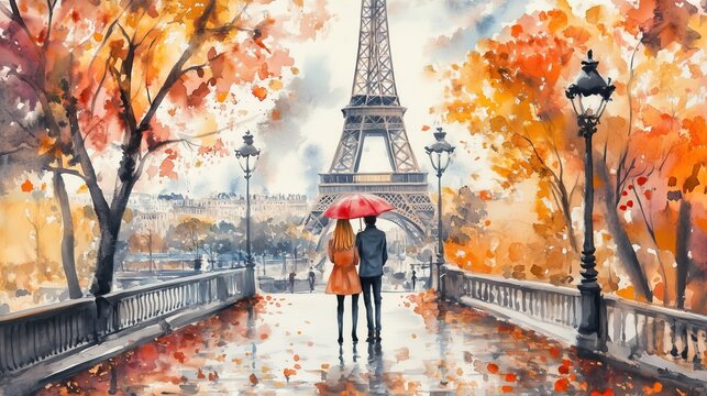 Watercolor painting, autumn in Paris, couple under an umbrella on street