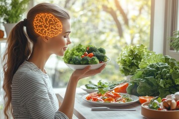 Young woman enjoying a healthy meal with fresh vegetables symbolizing the connection between nutritious eating and brain health in a bright and natural setting