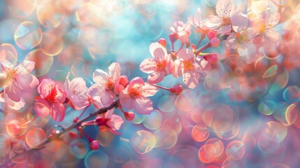 Fototapeta premium A blooming cherry blossom tree with delicate petals swirling in the breeze, pattern of springtime colors and a soft, blurred background.