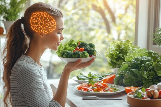 Young woman enjoying a healthy meal with fresh vegetables symbolizing the connection between nutritious eating and brain health in a bright and natural setting