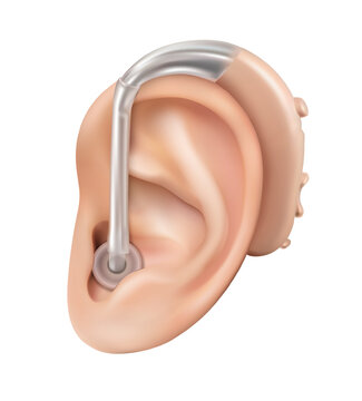 3d realistic vector icon illustration. Human ear with hearing device. 