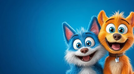 Cute Cartoon Dogs with Blue and Orange Fur on a Blue Background
