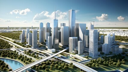 Three dimensional render of a model of a city