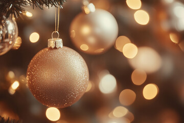 gold ornament hangs from a tree. The ornament is surrounded by other ornaments, creating a festive atmosphere