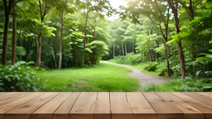 Empty wood table top with blur background of nature lush green forest. The table giving copy space for placing advertising product on the table along with beautiful green forest nature background.