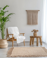 Interior design composition with a living room area in boho style with natural lighting and neutral colors. Residential interiors with chic decor. © JuanM