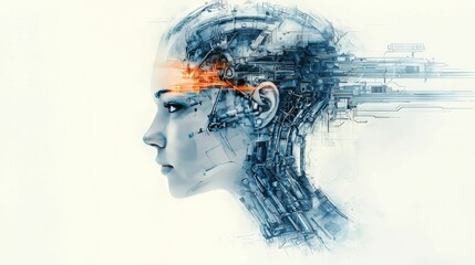 A futuristic depiction of a human-machine hybrid, showing a side profile with integrated mechanical components and a glowing neural network in the head, symbolizing advanced AI technology