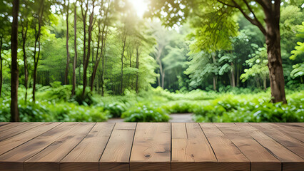 Empty wood table top with blur background of nature lush green forest. The table giving copy space for placing advertising product on the table along with beautiful green forest nature background.