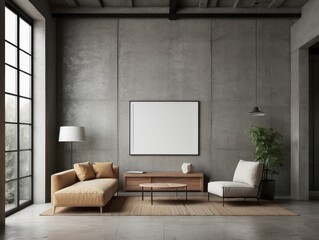 Fototapeta premium Modern Minimalist Living Room with Concrete Wall and Large Window