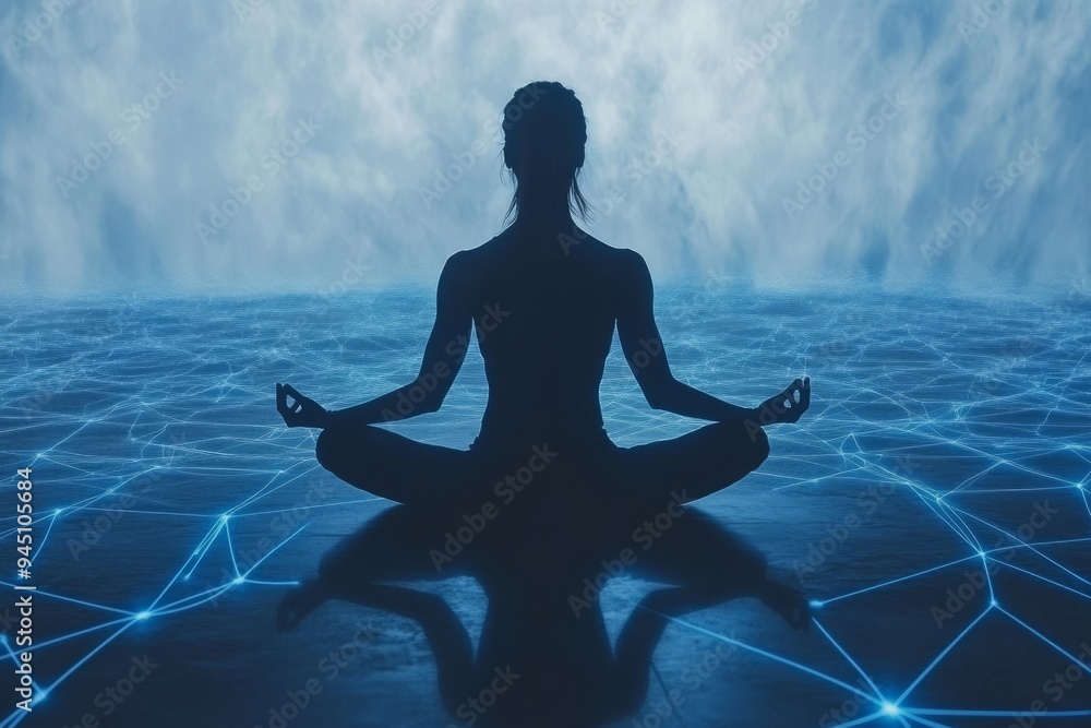 Poster silhouette of a person meditating in a futuristic setting symbolizing the integration of technology 