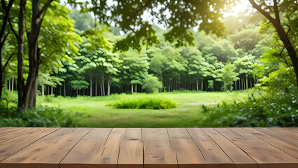Empty wood table top with blur background of nature lush green forest. The table giving copy space for placing advertising product on the table along with beautiful green forest nature background.