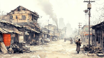 Watercolor illustration of a dusty urban alleyway lined with deteriorating buildings and scattered debris. The scene features a mix of crumbling structures and older vehicles, with a hazy distant city